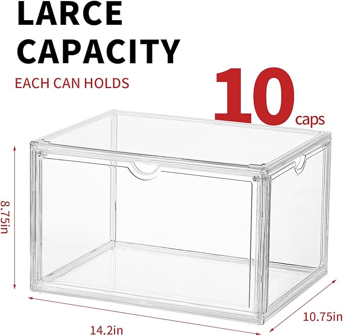 Clear Acrylic Hat Storage Box – Large Capacity Stackable Display Case – Holds up to 10 Caps – 14.2"x10.75"x8.75" Dustproof Organizer