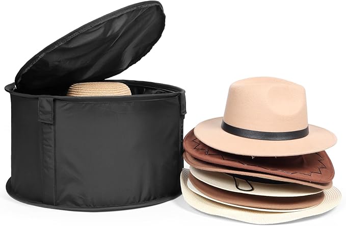 Large Capacity Round Hat Storage Box – 19" Diameter × 10" Height – Dustproof Foldable Organizer for Cowboy Hats, Fishermen Hats, Panama Hats, and Fedoras