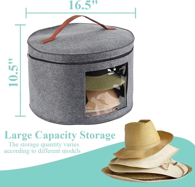 Round Portable Large Hat Storage Box with Clear Window – Dustproof & Moisture-Resistant Travel Organizer – 16.5" × 10.5" Fits 5–7 Sun Hats, Beach Hats, or Cowboy Hats