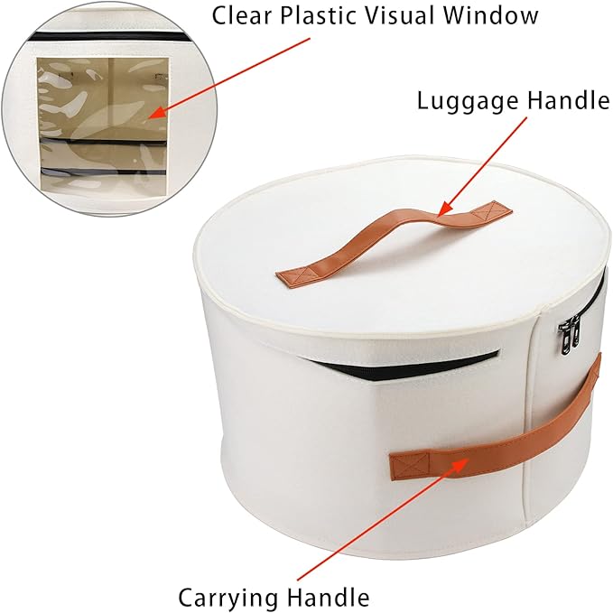 White Round Transparent Hat Storage Box – Dustproof & Moisture-Resistant Organizer with Leather Handle and Elastic Bands – Fits Sun Hats, Cowboy Hats, Fedoras, and More