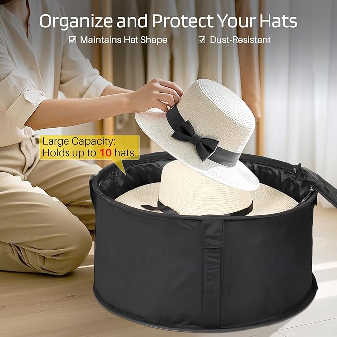 Large Capacity Round Hat Storage Box – 19" Diameter × 10" Height – Dustproof Foldable Organizer for Cowboy Hats, Fishermen Hats, Panama Hats, and Fedoras