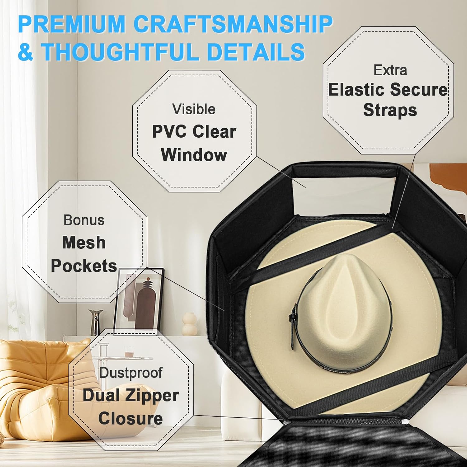 Foldable Octagonal Large Hat Storage Box – Dustproof & Moisture-Resistant Organizer with Clear Window – Stackable Travel Case for Hats, Clothes, Toys, and More
