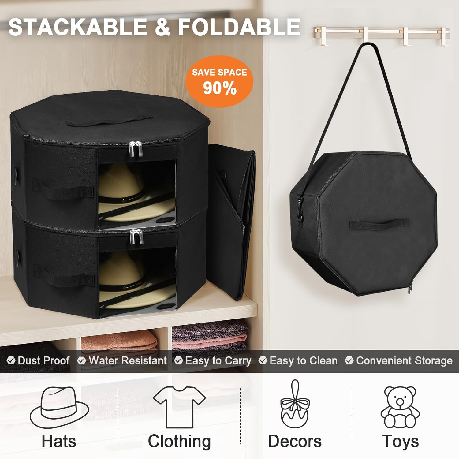 Foldable Octagonal Large Hat Storage Box – Dustproof & Moisture-Resistant Organizer with Clear Window – Stackable Travel Case for Hats, Clothes, Toys, and More