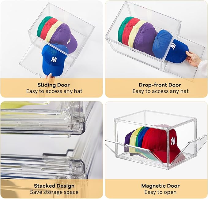 Clear Acrylic Hat Storage Box – Large Capacity Stackable Display Case – Holds up to 10 Caps – 14.2"x10.75"x8.75" Dustproof Organizer