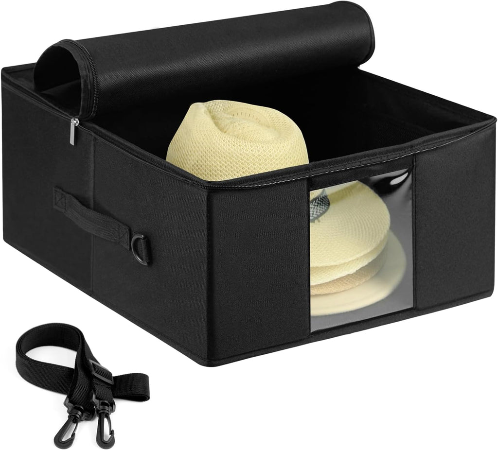 Semi-Rigid Portable Travel Hat Storage Box – 16.2"x16.2"x7.5" Water-Resistant Crush-Proof Organizer with Shoulder Strap, Luggage Strap & Clear Window