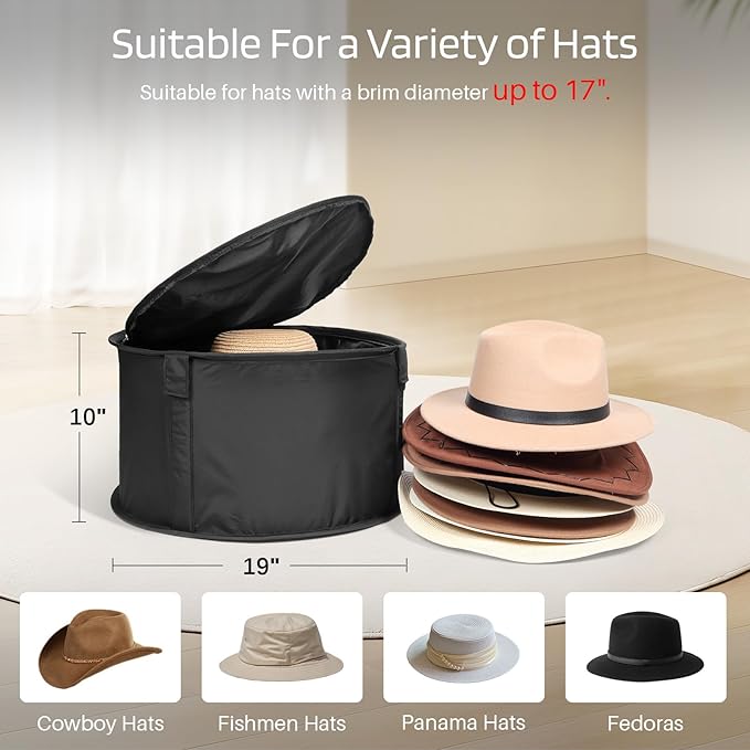 Large Capacity Round Hat Storage Box – 19" Diameter × 10" Height – Dustproof Foldable Organizer for Cowboy Hats, Fishermen Hats, Panama Hats, and Fedoras