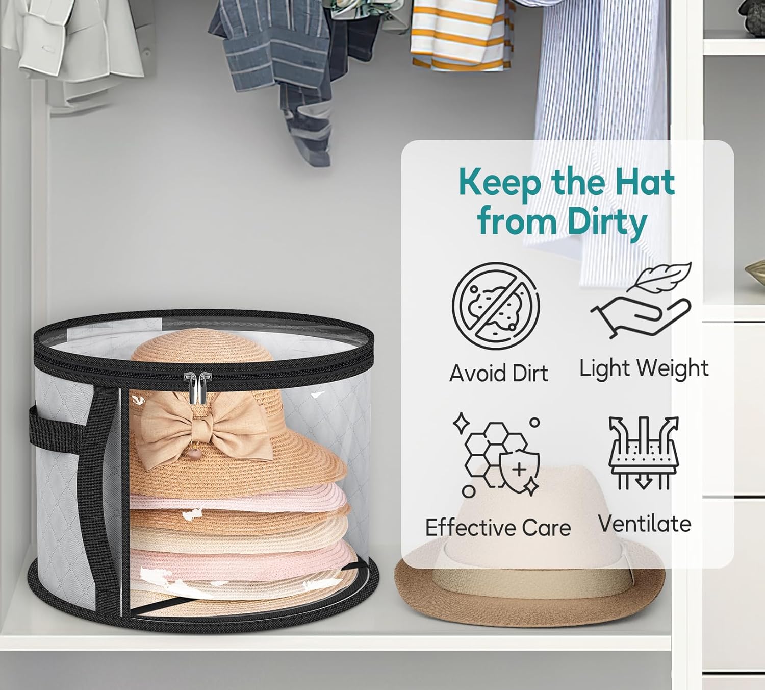 Foldable Transparent Large Hat Storage Box – 16.5" Diameter x 10.4" Height – Dustproof Organizer for Sun Hats, Cowboy Hats, Beach Hats, and Caps