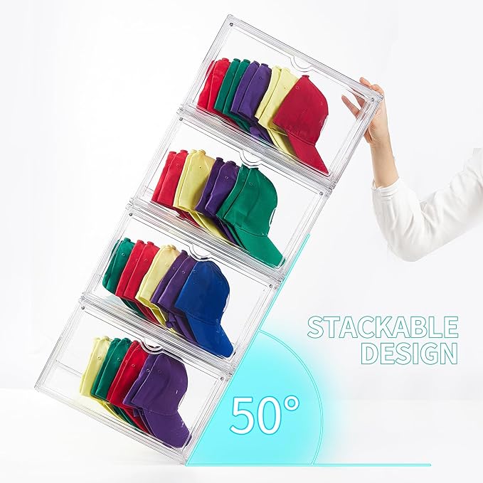 Clear Acrylic Hat Storage Box – Large Capacity Stackable Display Case – Holds up to 10 Caps – 14.2"x10.75"x8.75" Dustproof Organizer