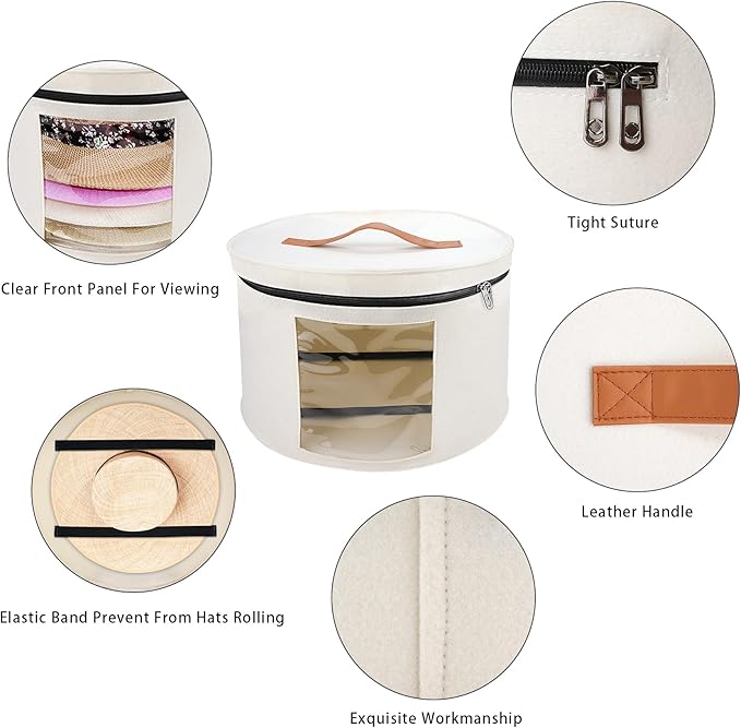 White Round Transparent Hat Storage Box – Dustproof & Moisture-Resistant Organizer with Leather Handle and Elastic Bands – Fits Sun Hats, Cowboy Hats, Fedoras, and More
