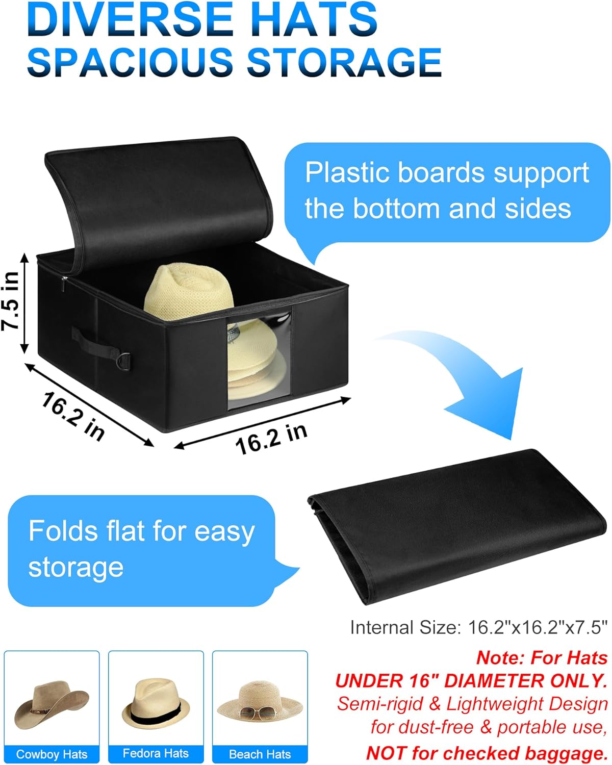 Semi-Rigid Portable Travel Hat Storage Box – 16.2"x16.2"x7.5" Water-Resistant Crush-Proof Organizer with Shoulder Strap, Luggage Strap & Clear Window