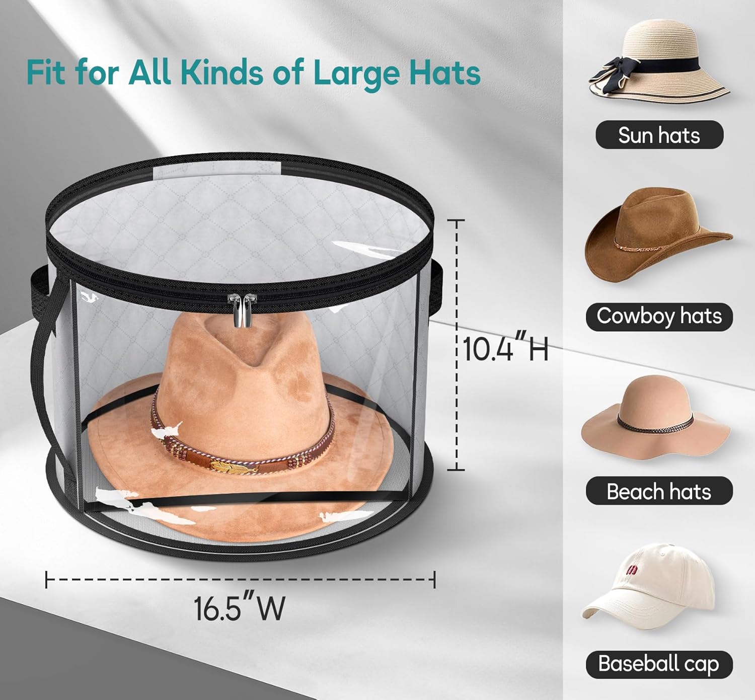 Foldable Transparent Large Hat Storage Box – 16.5" Diameter x 10.4" Height – Dustproof Organizer for Sun Hats, Cowboy Hats, Beach Hats, and Caps