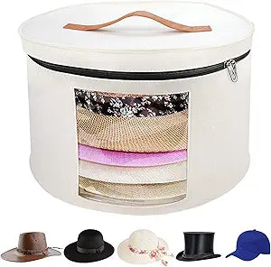 White Round Transparent Hat Storage Box – Dustproof & Moisture-Resistant Organizer with Leather Handle and Elastic Bands – Fits Sun Hats, Cowboy Hats, Fedoras, and More