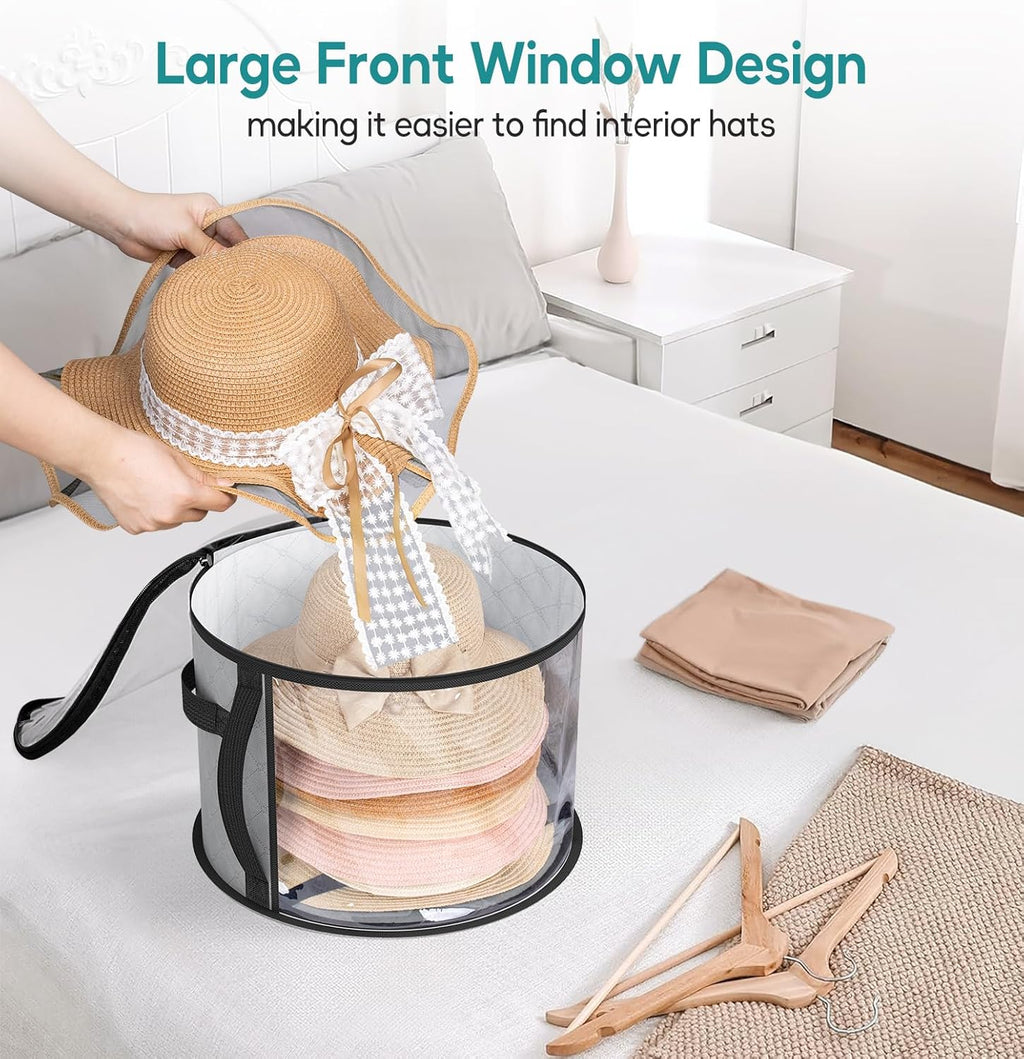 Foldable Transparent Large Hat Storage Box – 16.5" Diameter x 10.4" Height – Dustproof Organizer for Sun Hats, Cowboy Hats, Beach Hats, and Caps