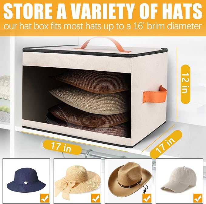 Square Transparent Large-Capacity Hat Storage Box – 17"x17"x12" Dustproof & Moisture-Resistant Organizer with Handles – Fits Sun Hats, Cowboy Hats, Fedoras, and Baseball Caps