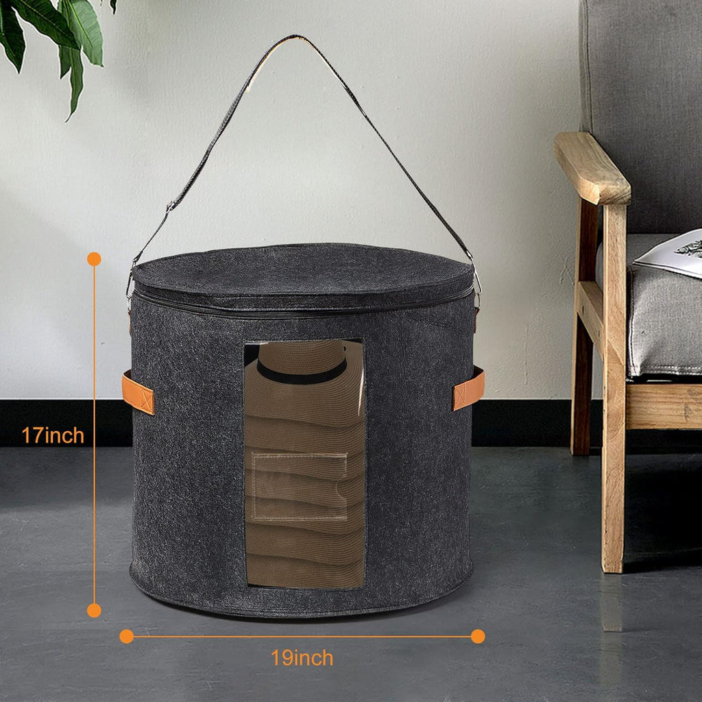 Large Round Transparent Hat Storage Box – 19"x17" Dustproof & Moisture-Resistant Foldable Organizer with Handles – Fits Sun Hats, Cowboy Hats, Fedoras, and Top Hats