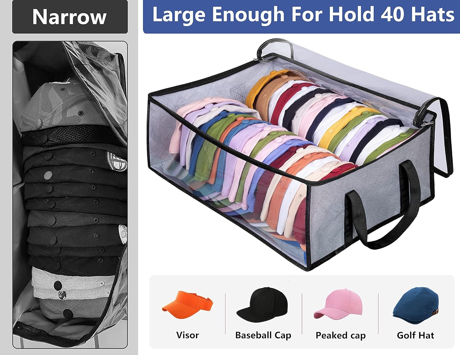 Large Rectangular Transparent Hat Storage Box – 3-Layer Upgraded Fabric Dustproof Organizer with Clear Window – Ideal for Baseball Caps, Clothes, and Accessories