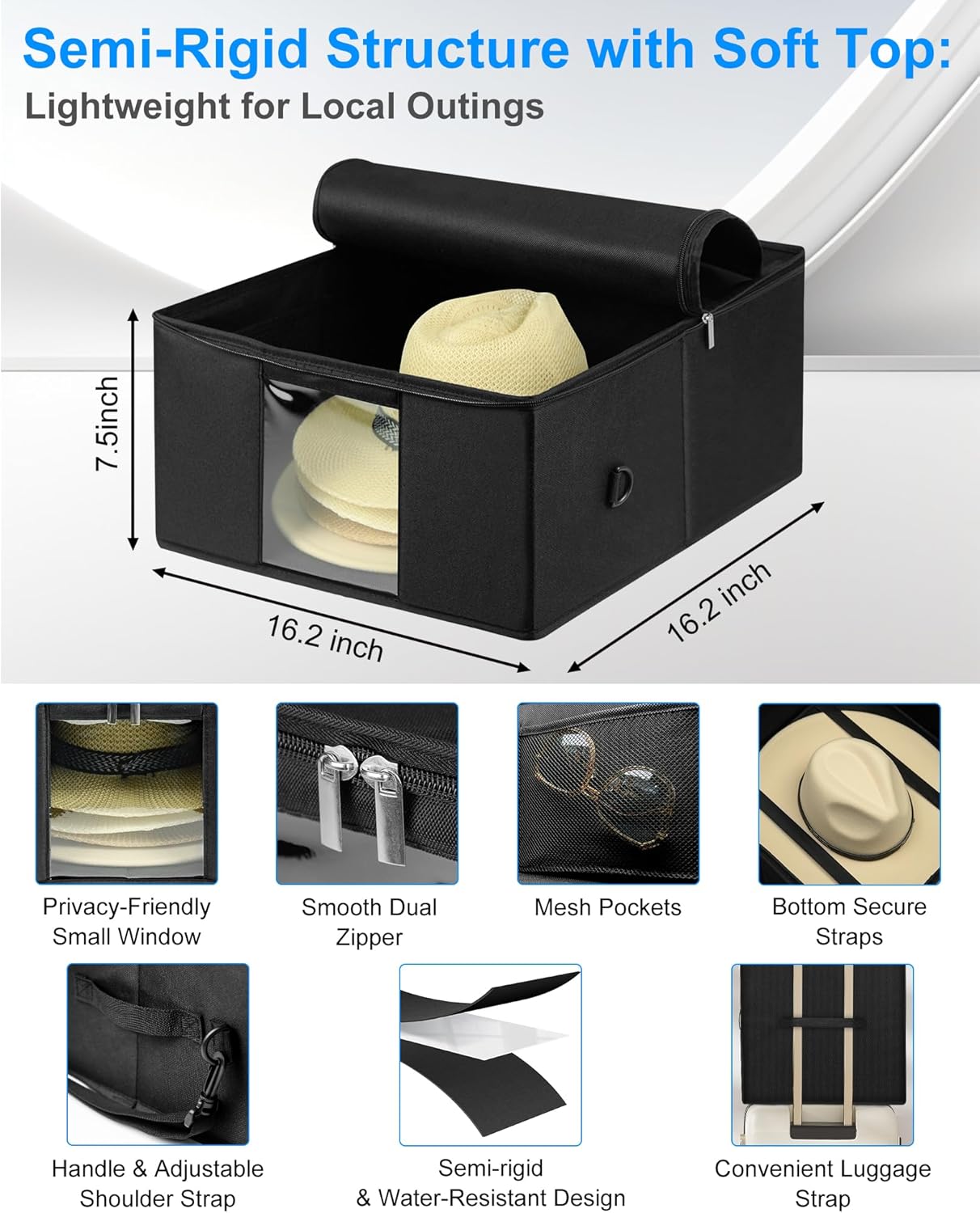 Semi-Rigid Portable Travel Hat Storage Box – 16.2"x16.2"x7.5" Water-Resistant Crush-Proof Organizer with Shoulder Strap, Luggage Strap & Clear Window