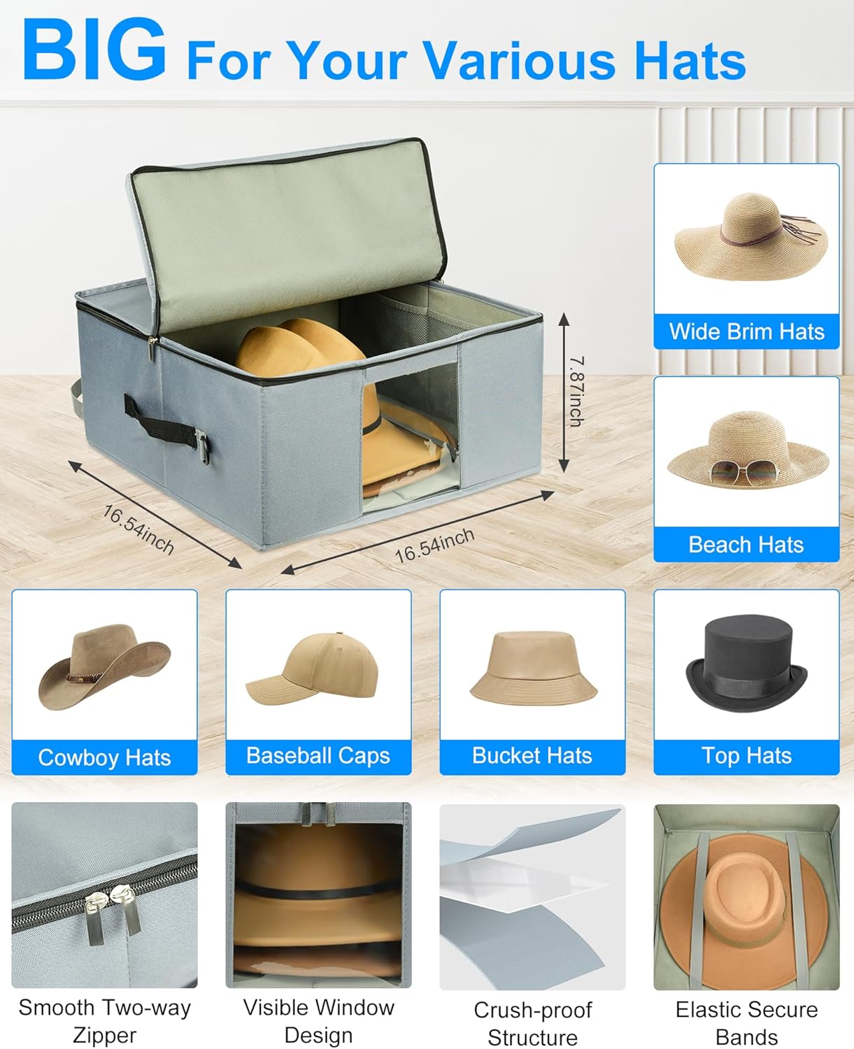 Large Capacity Square Hat Storage Box – 16.54"x16.54"x7.87" Dustproof & Moisture-Resistant Organizer with Clear Window – Fits Wide Brim Hats, Beach Hats, Cowboy Hats, Baseball Caps, Bucket Hats & Top Hats