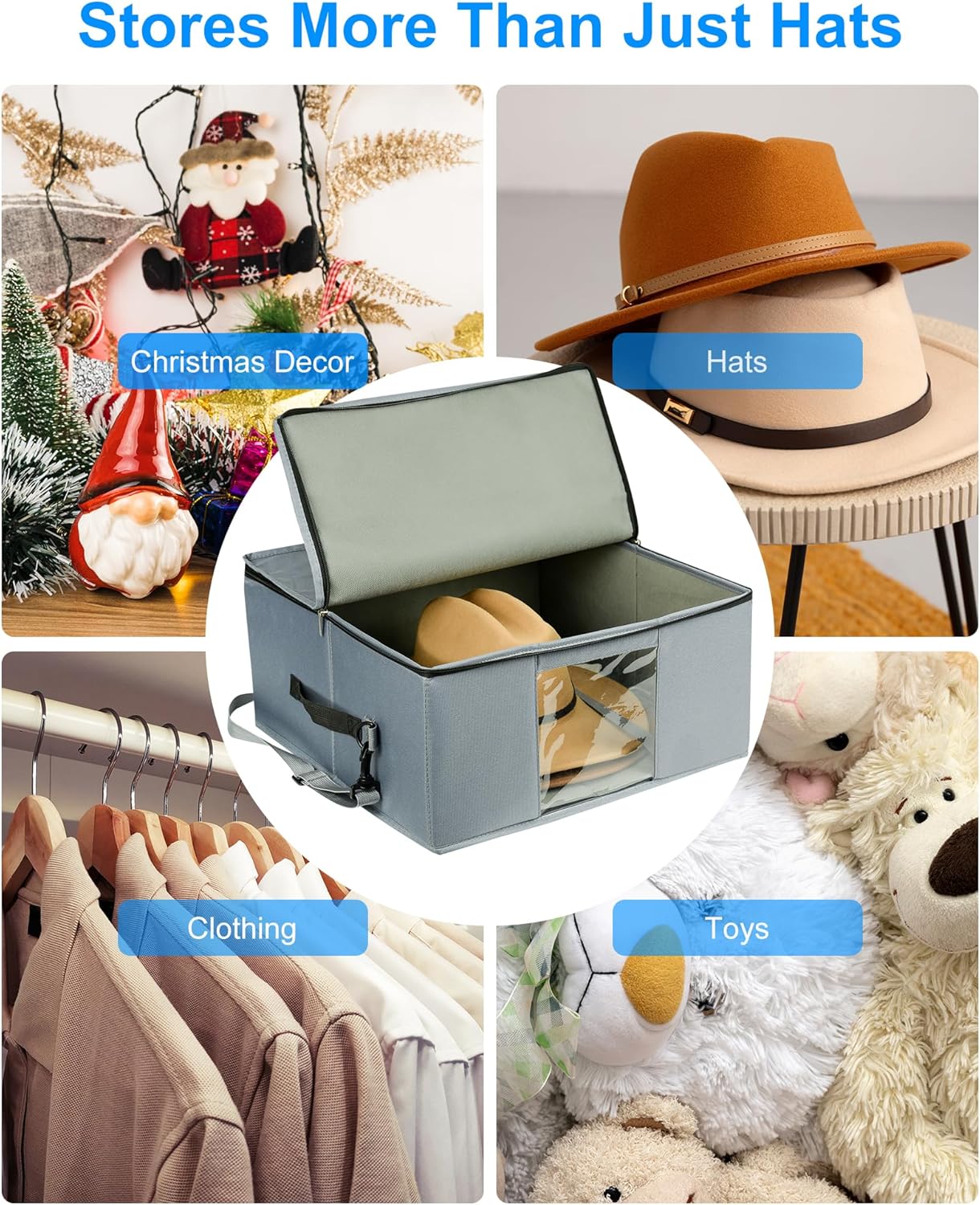 Large Capacity Square Hat Storage Box – 16.54"x16.54"x7.87" Dustproof & Moisture-Resistant Organizer with Clear Window – Fits Wide Brim Hats, Beach Hats, Cowboy Hats, Baseball Caps, Bucket Hats & Top Hats