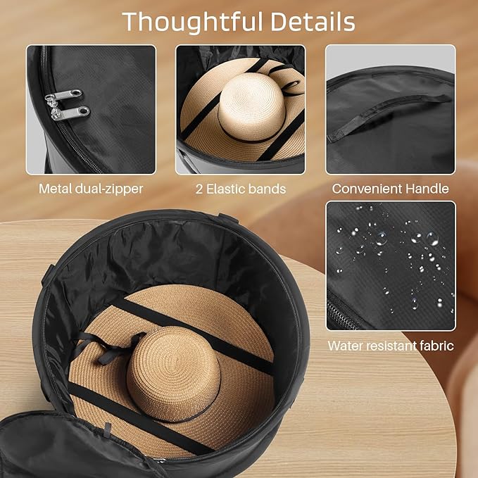 Large Capacity Round Hat Storage Box – 19" Diameter × 10" Height – Dustproof Foldable Organizer for Cowboy Hats, Fishermen Hats, Panama Hats, and Fedoras