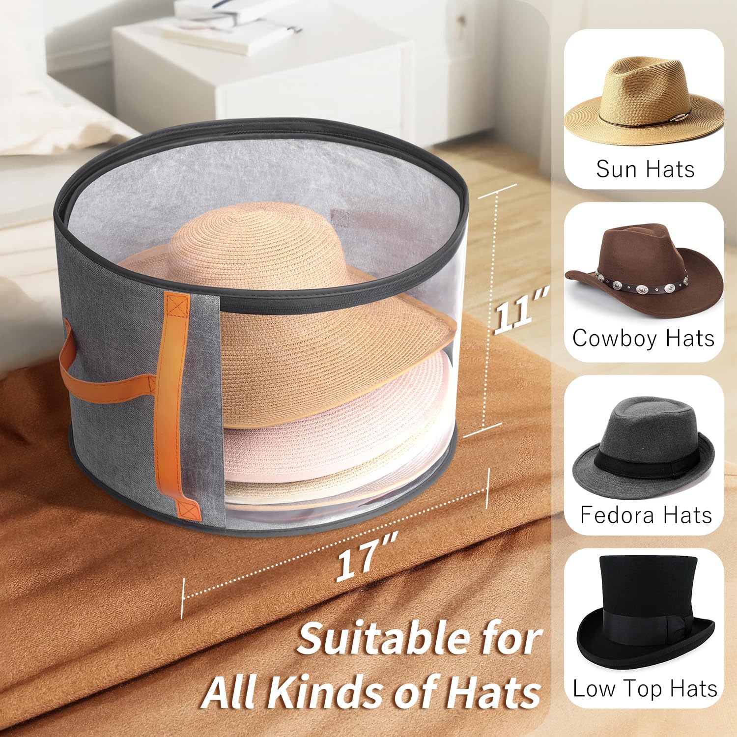 Round Transparent Large-Capacity Hat Storage Box – 17"x11" Dustproof & Moisture-Resistant Organizer with Handle – Fits Sun Hats, Cowboy Hats, Fedora Hats, and Top Hats